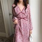 Floral V-neck Accordion Pleated Midi A-line Dress