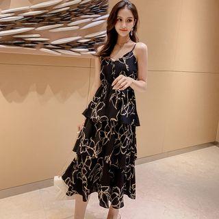 Patterned Strappy Tiered Midi A-line Dress