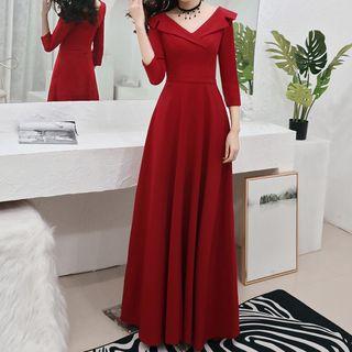 Collared 3/4-sleeve A-line Evening Gown