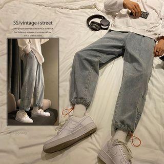 Drawstring-cuff Straight-cut Cargo Jeans