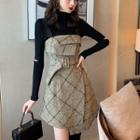 Long-sleeve Cutout Top / Sleeveless Plaid A-line Mini Dress