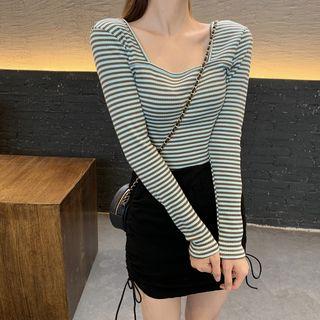 Long-sleeve Square Neck Striped T-shirt