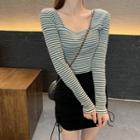 Long-sleeve Square Neck Striped T-shirt