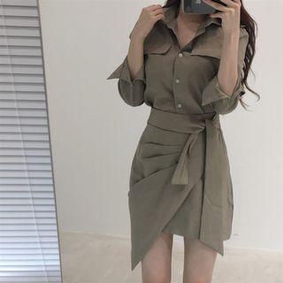 Plain Blouse / Irregular Hem Mini Straight-fit Skirt