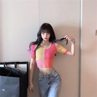 Color Panel Short-sleeve Cropped Rib Knit Top