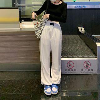 Long-sleeve Plain Cropped Top / High-waist Wide-leg Sweatpants