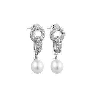 Sterling Silver Elegant And Brilliant Geometric Circle White Freshwater Pearl Earrings With Cubic Zirconia Silver - One Size