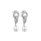 Sterling Silver Elegant And Brilliant Geometric Circle White Freshwater Pearl Earrings With Cubic Zirconia Silver - One Size