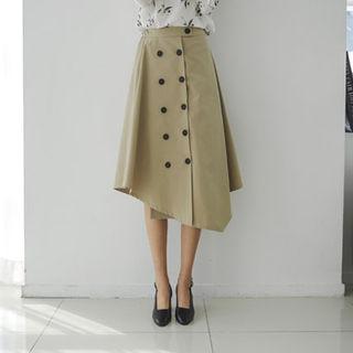 Diagonal-hem Double-button A-line Midi Skirt