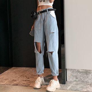 Distressed High-waist Wide-leg Jeans