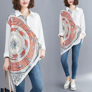 Printed Panel Asymmetric Hem Long-sleeve Blouse
