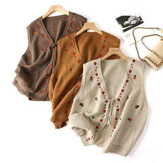 Flower Embroidered Tie-strap Sweater Vest