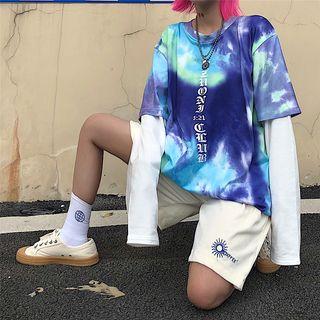 Mock Two-piece Dye Print Long-sleeve T-shirt