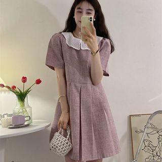Short-sleeve Contrast Collar A-line Dress Light Pink - One Size