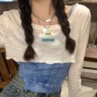 Long-sleeve Lettering Patch Crop Top / Tie-dye Camisole Top