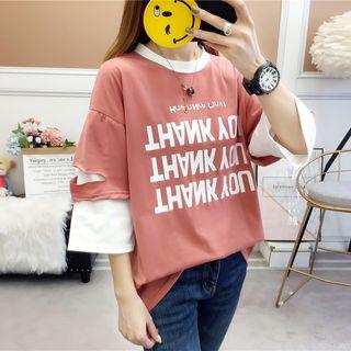 Mock Two-piece Lettering 3/4-sleeve T-shirt