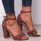 Plaid Crisscross Ankle-strap Chunky-heel Sandals