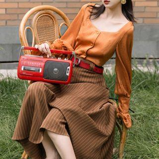 Set: Square-neck Flared-cuff Blouse + Striped Midi A-line Skirt