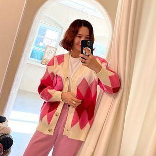 V-neck Multicolor Argyle Cardigan