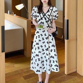 Puff-sleeve V-neck Ribbon A-line Dress (various Designs)
