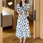 Puff-sleeve V-neck Ribbon A-line Dress (various Designs)