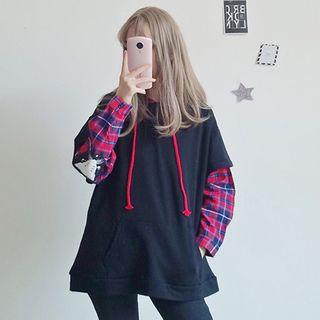 Plaid Panel Hooded Print Pullover