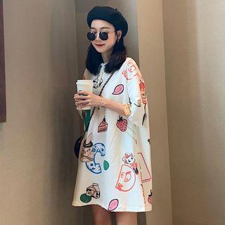 Cartoon Print Short Sleeve Polo Dress White - One Size
