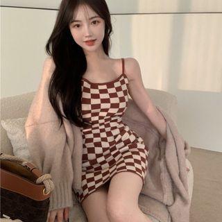 Spaghetti Strap Checkered Mini Sheath Dress / Plain Cardigan