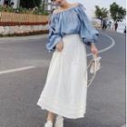 Set: Lantern-sleeve Off-shoulder Plain Top + Frill Trim Maxi Skirt