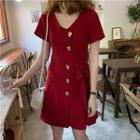Short-sleeve Heart Shaped Buttoned A-line Dress Red - One Size