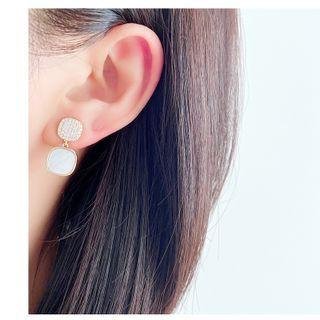 Rhinestone Shell Square Dangle Earring 1 Pair - Clip On Earring - Gold Trim - White - One Size