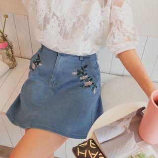 Embroidered Denim A-line Mini Skirt