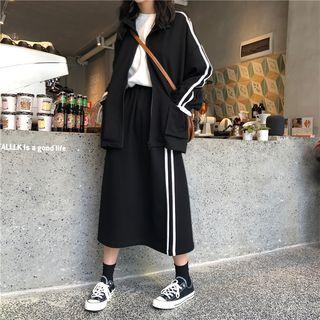 Long-sleeve T-shirt / Striped Cardigan / Midi Skirt