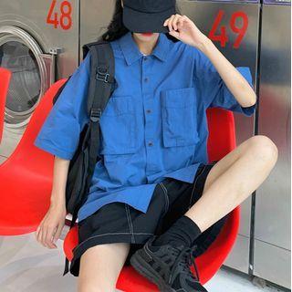 Elbow-sleeve Cargo Shirt Blue - One Size