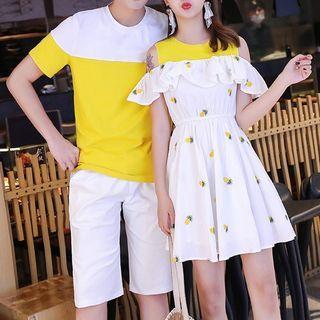 Couple Matching Short-sleeve Embroidered T-shirt / Shorts / Short-sleeve Cold-shoulder Mini Dress