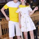 Couple Matching Short-sleeve Embroidered T-shirt / Shorts / Short-sleeve Cold-shoulder Mini Dress