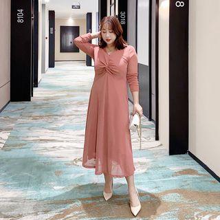 Twisted Long-sleeve Midi A-line Dress