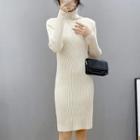 Long-sleeve Button-up Mini Sheath Knit Dress