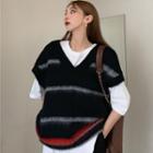 Short-sleeve Oversized T-shirt / Striped Sweater Vest / Front-slit Boot-cut Pants