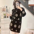 Long-sleeve Mock-neck Embroidered Velvet Mini Dress