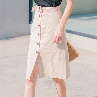 Belted Button-detail Skirt