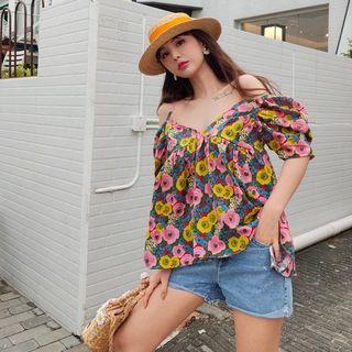 Floral Puff-sleeve Top As Figure - One Size