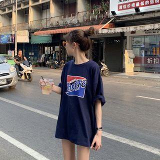 Elbow-sleeve Printed T-shirt Navy Blue - One Size