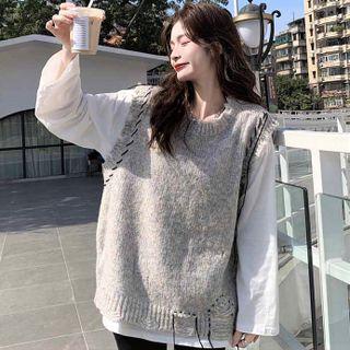 Long-sleeve Plain T-shirt / Contrast Stitching Sweater Vest