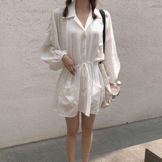 V-neck Long-sleeve Shirt Dress White - One Size