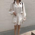 V-neck Long-sleeve Shirt Dress White - One Size