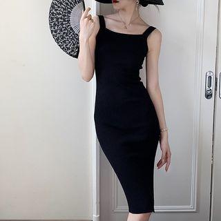 Wide Strap Slit-side Midi Bodycon Dress Black - One Size