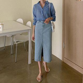 Slit-front Washed Long Denim Skirt