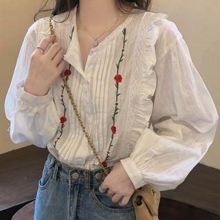 Long-sleeve V-neck Ruffle Shirt White - One Size