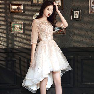Elbow-sleeve Floral Embroidered A-line Cocktail Dress